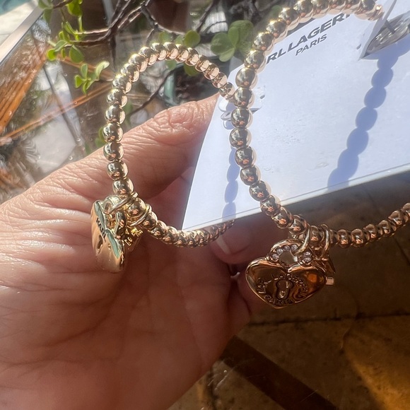 KARL LAGERFELD PARIS Gold-Tone Logo & Pavé Heart Padlock Charm Beaded C-Hoop - Picture 6 of 14